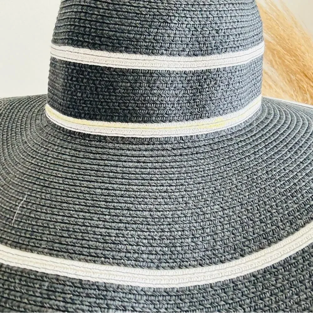 VINTAGE NORDSTROM Cream Tan Straw Wide Brim Floppy Black Stripe Wide Sun Hat - Picture 3 of 10